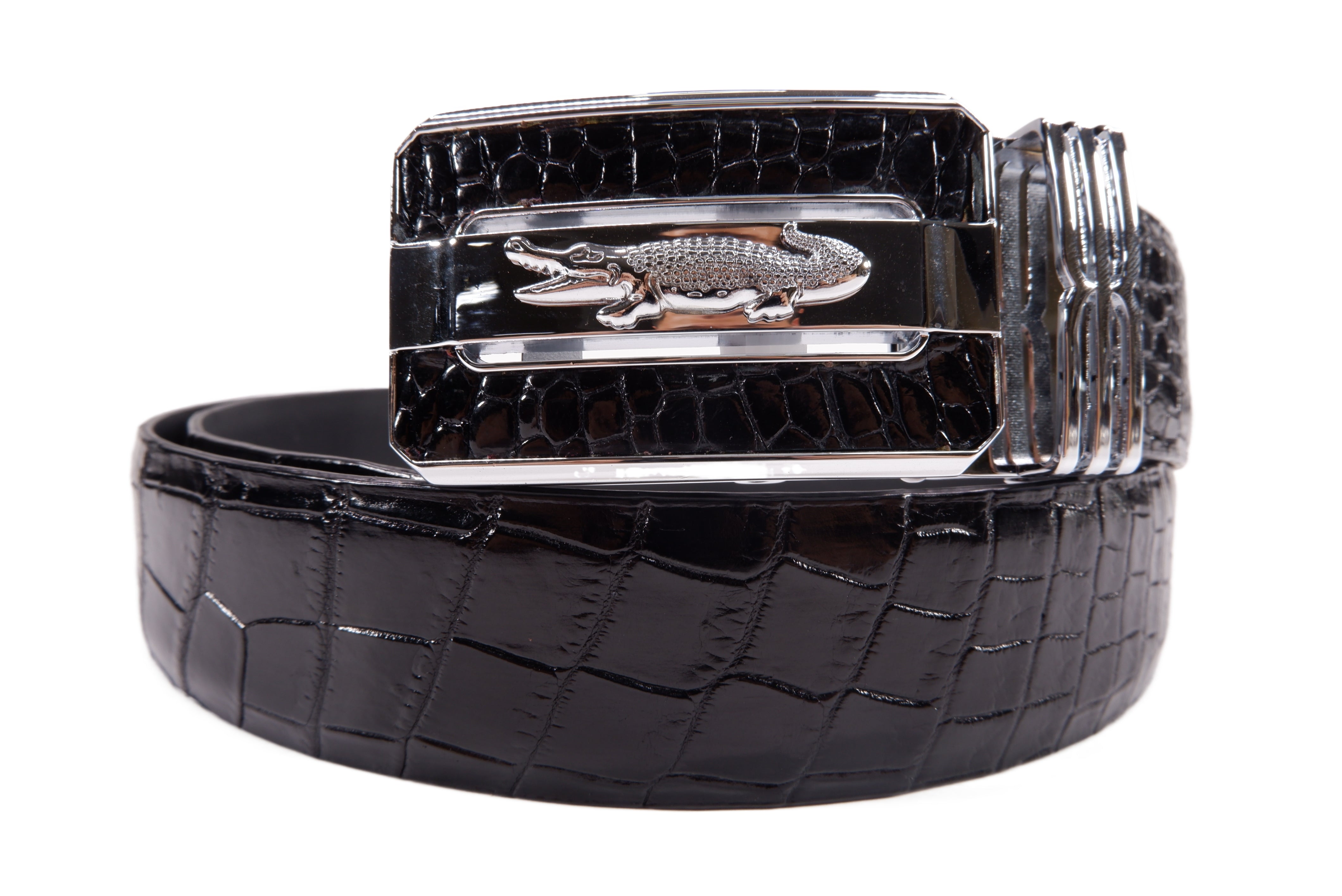 Pelgio Men's Genuine Crocodile Backbone Skin Leather Belt Black Size 46