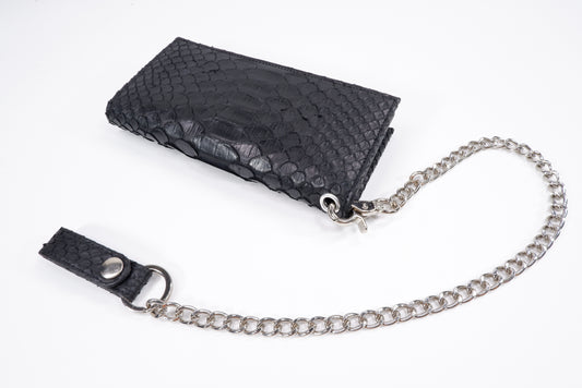 Genuine Python Belly Snake Skin Leather Long Checkbook Wallet with Chains