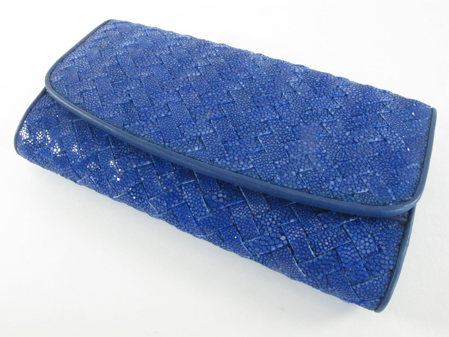 Genuine Polished Stingray Skin Leather Intrecciato Handmade Trifold Clutch Wallet Purse