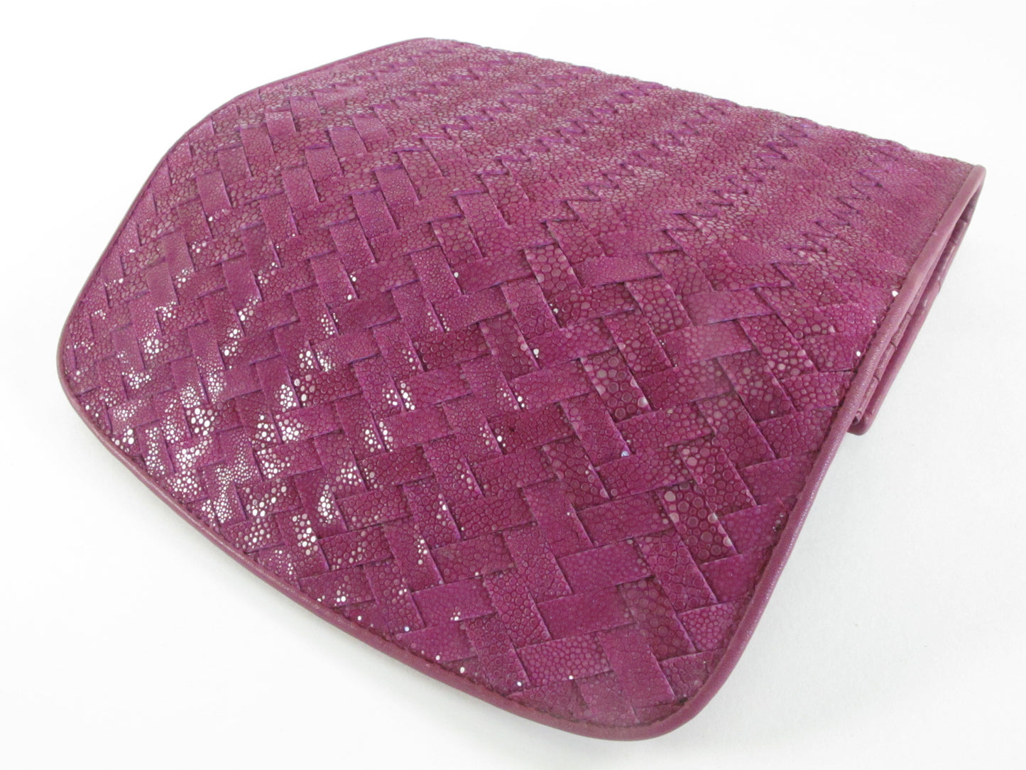 Genuine Polished Stingray Skin Leather Intrecciato Handmade Trifold Clutch Wallet Purse