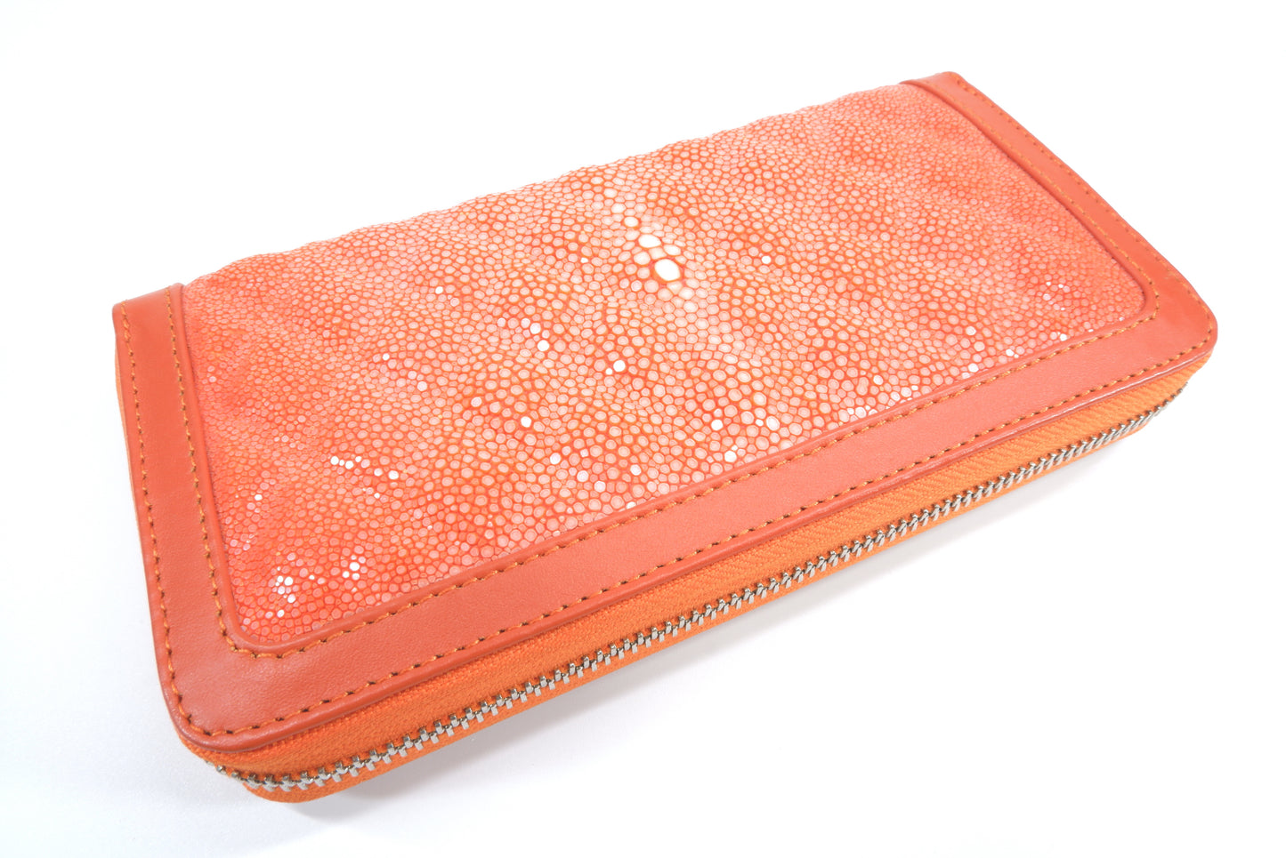 Genuine Polished Stingray Skin Leather Embossed Zip Around Clutch Wallet Purse