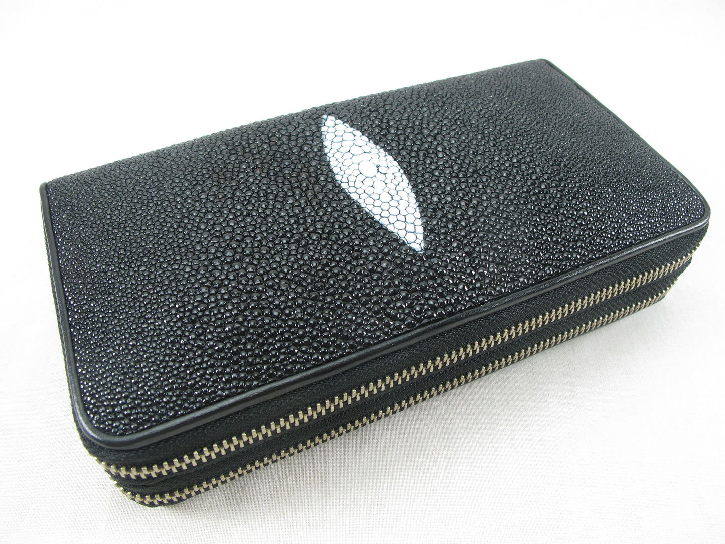 Genuine Stingray Skin Leather Double Zip Around Wristlet Clutch Wallet Purse