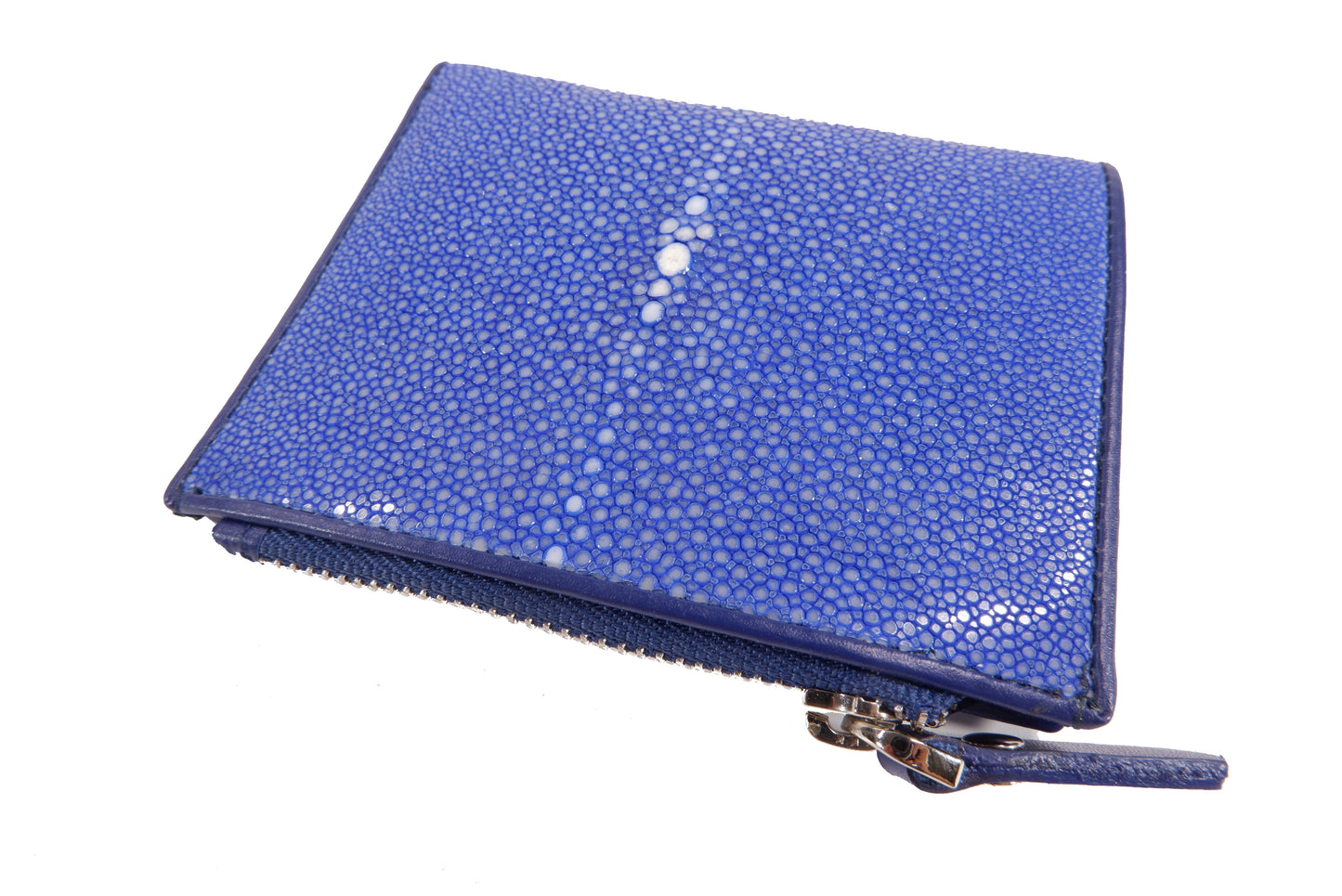 Genuine Polished Stingray Skin Leather Vertical Zip Coins Purse Bifold Wallet