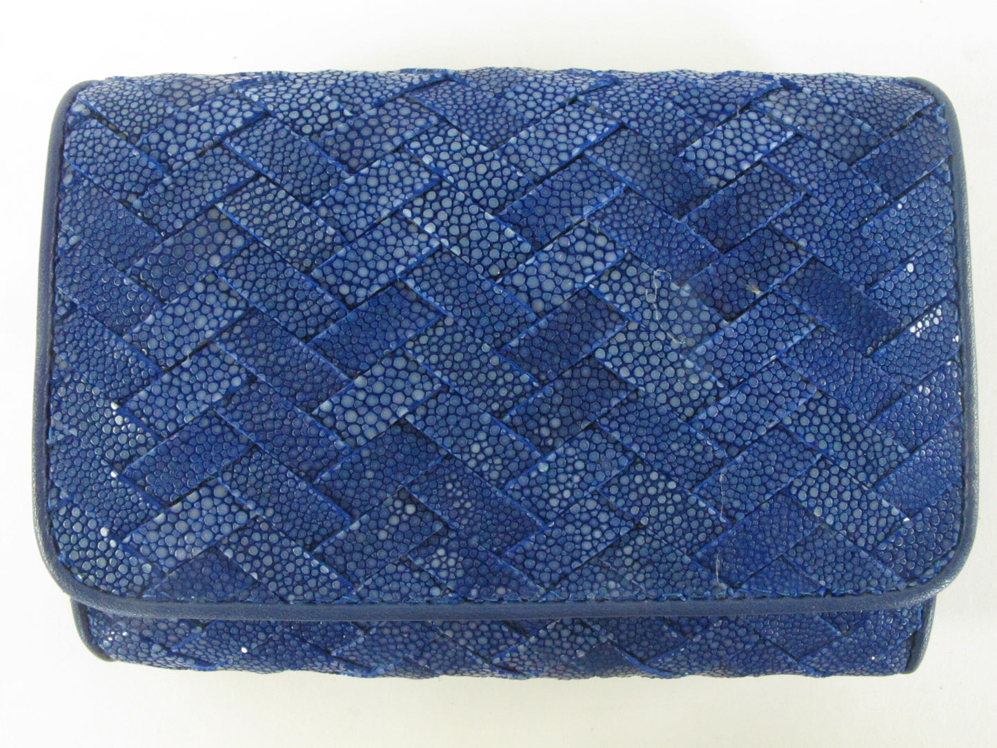 Genuine Polished Stingray Skin Leather Intrecciato Handmade Medium Trifold Clutch Wallet Purse