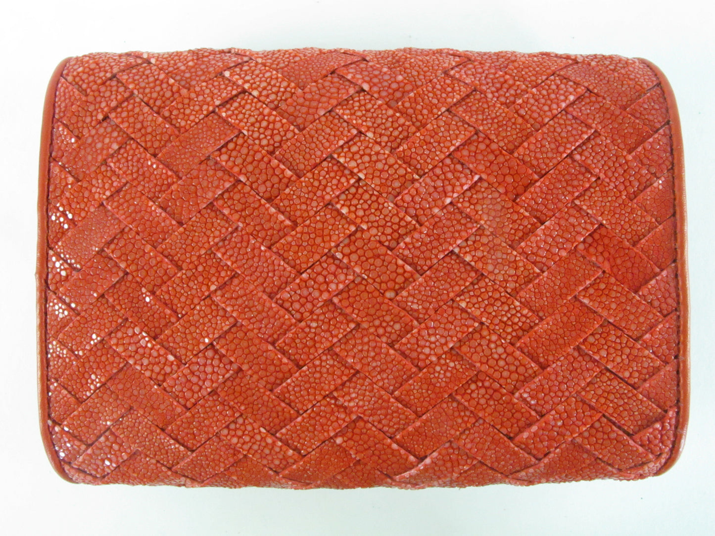 Genuine Polished Stingray Skin Leather Intrecciato Handmade Medium Trifold Clutch Wallet Purse
