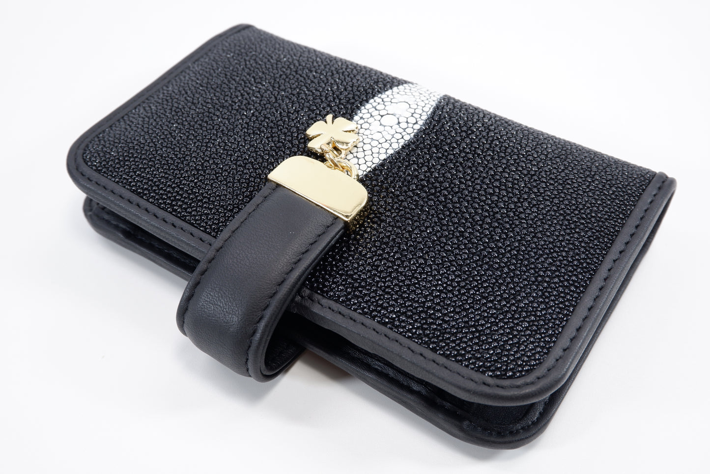 Genuine Stingray Skin Leather Medium Clutch Wallet Coins Purse with Golden Flower