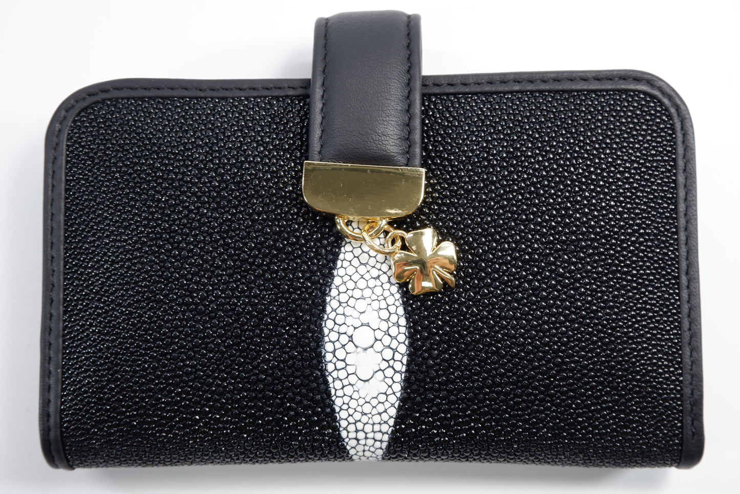 Genuine Stingray Skin Leather Medium Clutch Wallet Coins Purse with Golden Flower