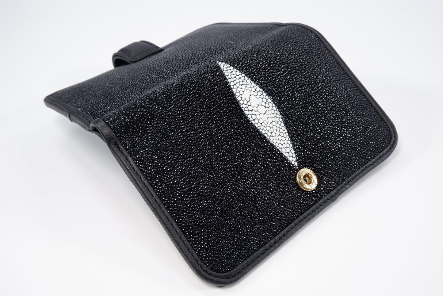 Genuine Stingray Skin Leather Medium Clutch Wallet Coins Purse with Golden Flower