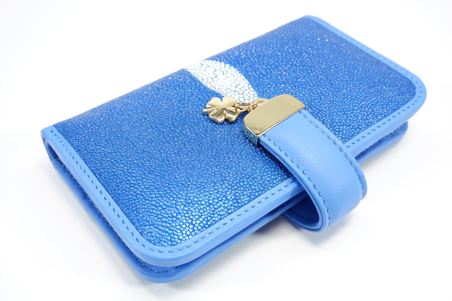 Genuine Stingray Skin Leather Medium Clutch Wallet Coins Purse with Golden Flower