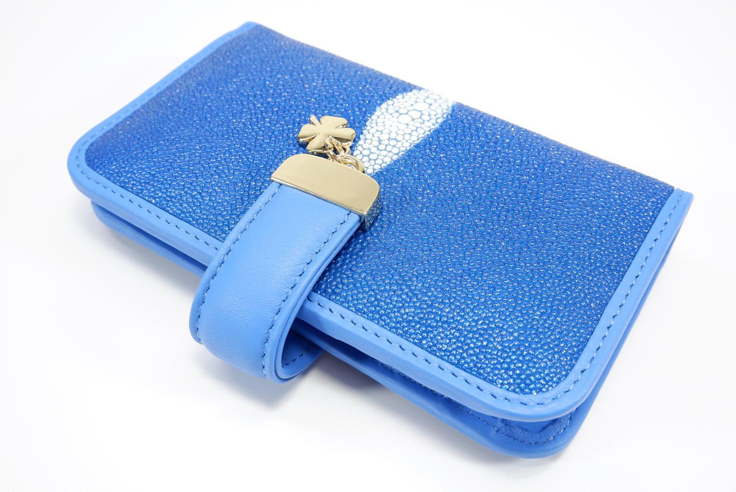 Genuine Stingray Skin Leather Medium Clutch Wallet Coins Purse with Golden Flower