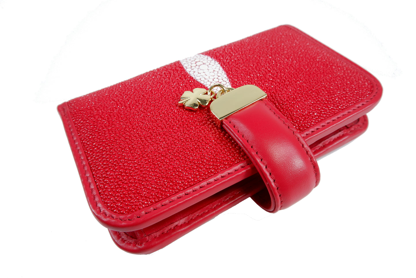 Genuine Stingray Skin Leather Medium Clutch Wallet Coins Purse with Golden Flower