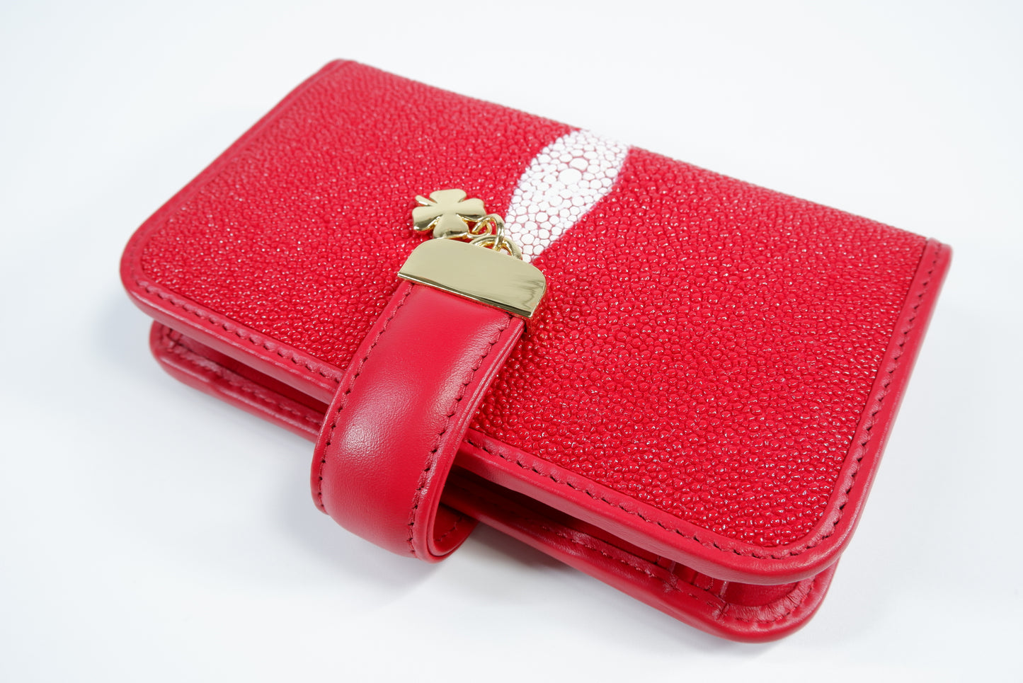 Genuine Stingray Skin Leather Medium Clutch Wallet Coins Purse with Golden Flower