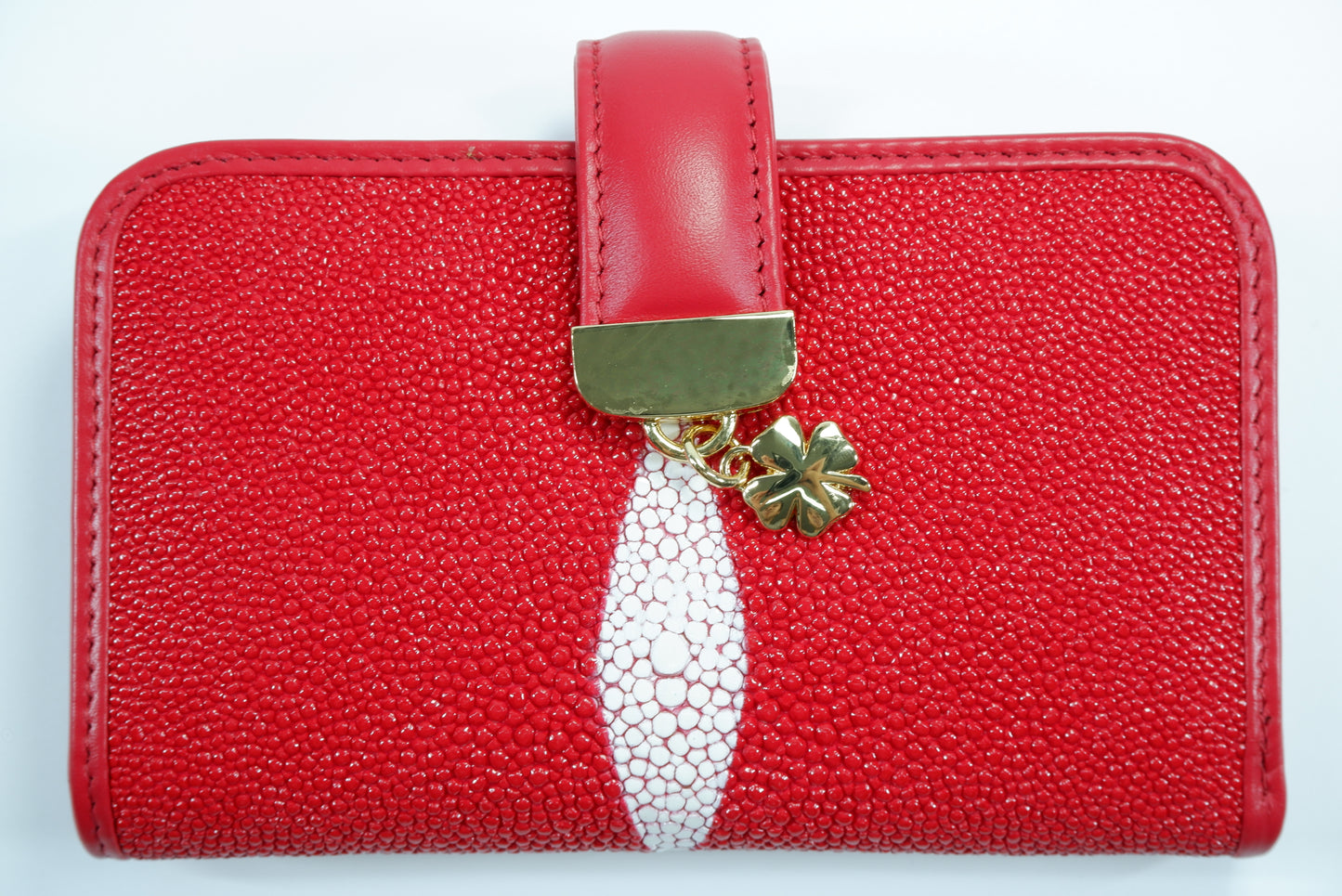 Genuine Stingray Skin Leather Medium Clutch Wallet Coins Purse with Golden Flower