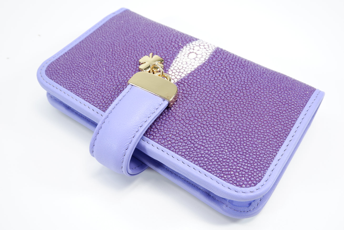 Genuine Stingray Skin Leather Medium Clutch Wallet Coins Purse with Golden Flower