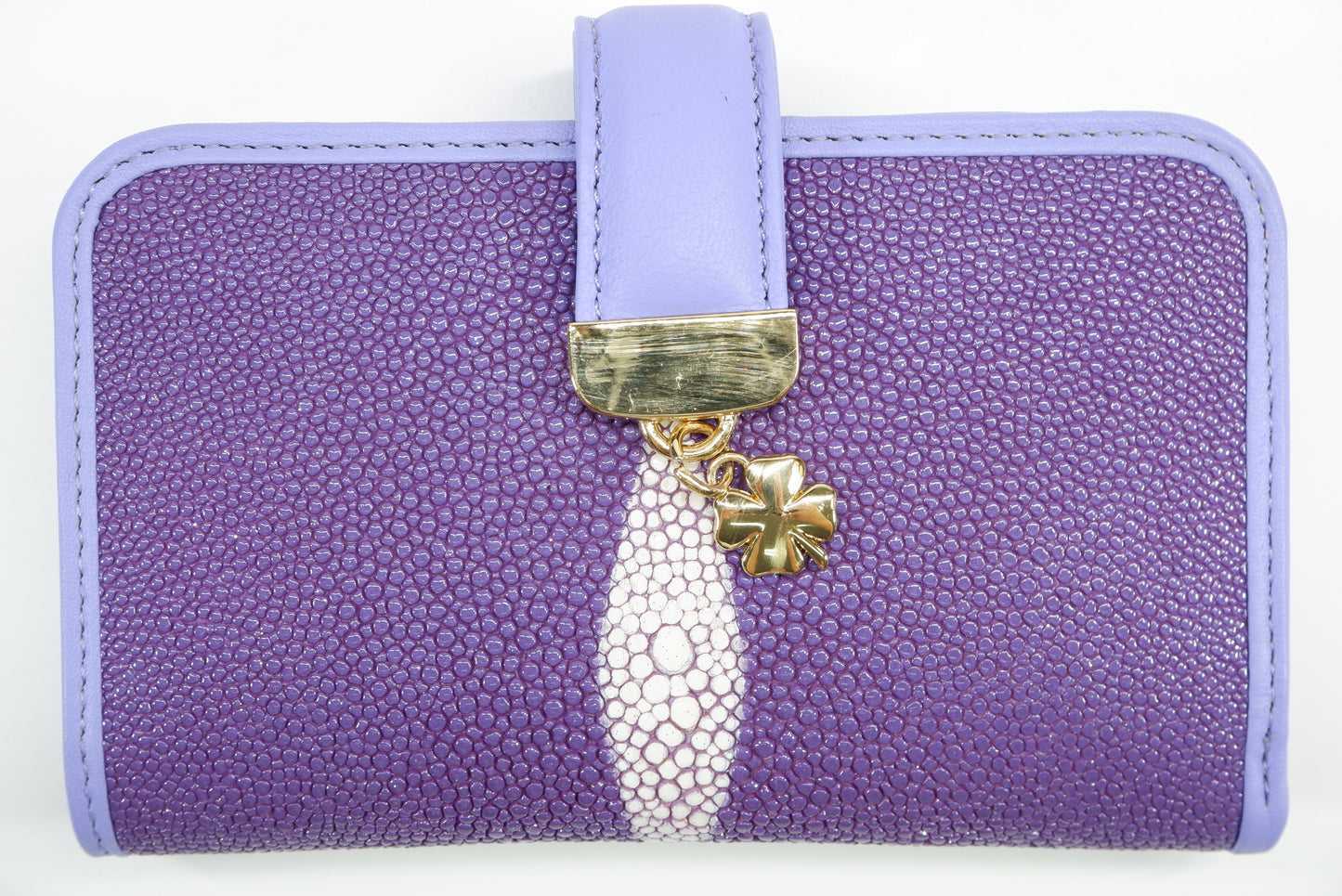 Genuine Stingray Skin Leather Medium Clutch Wallet Coins Purse with Golden Flower