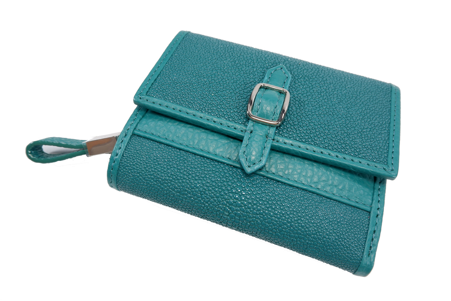 Genuine Stingray Skin Leather Medium Clutch Wallet Zip Coins Purse with Silver Buckle