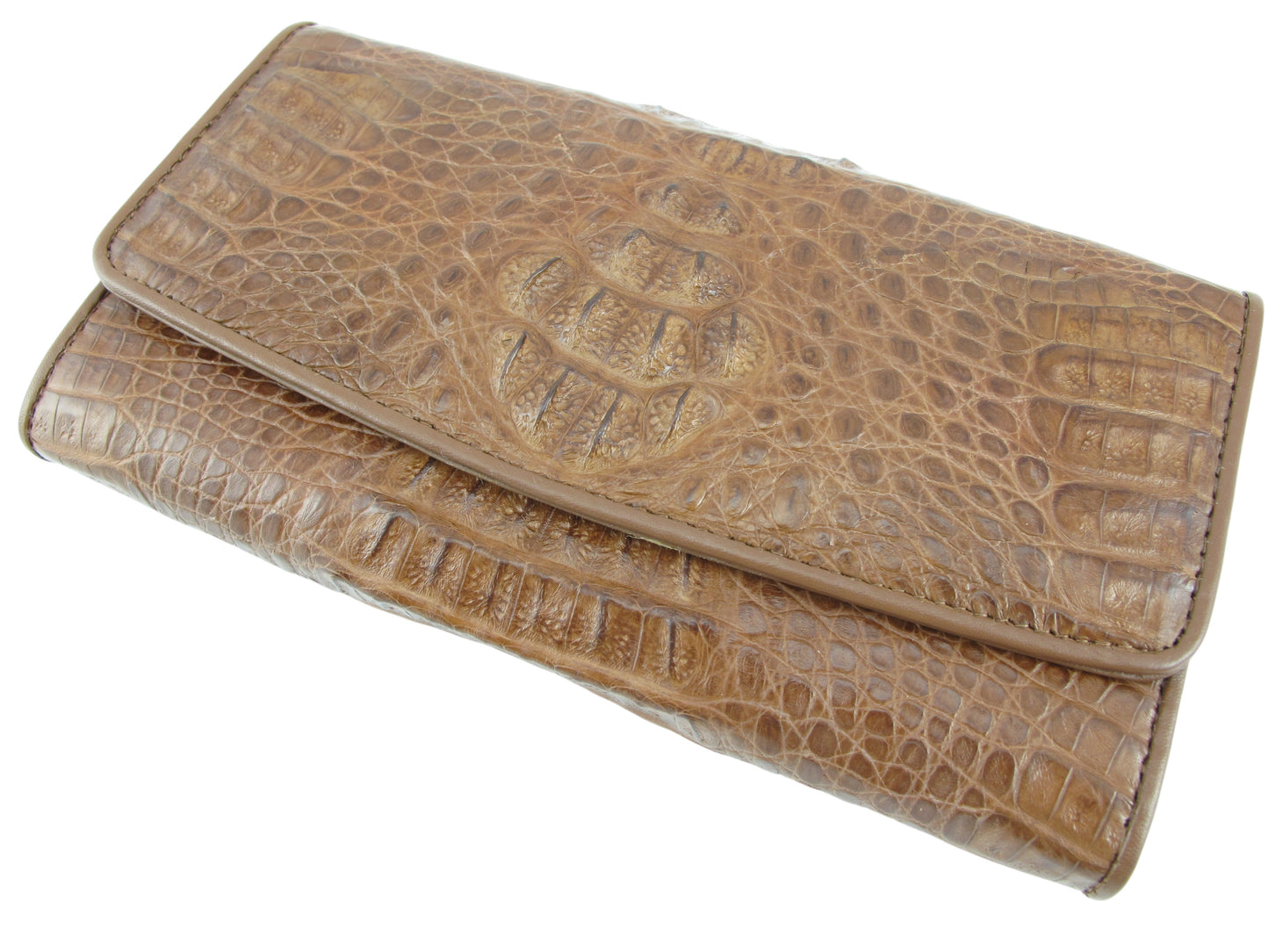 Genuine Caiman Crocodile Hornback Skin Leather Women's Trifold Clutch Wallet Purse