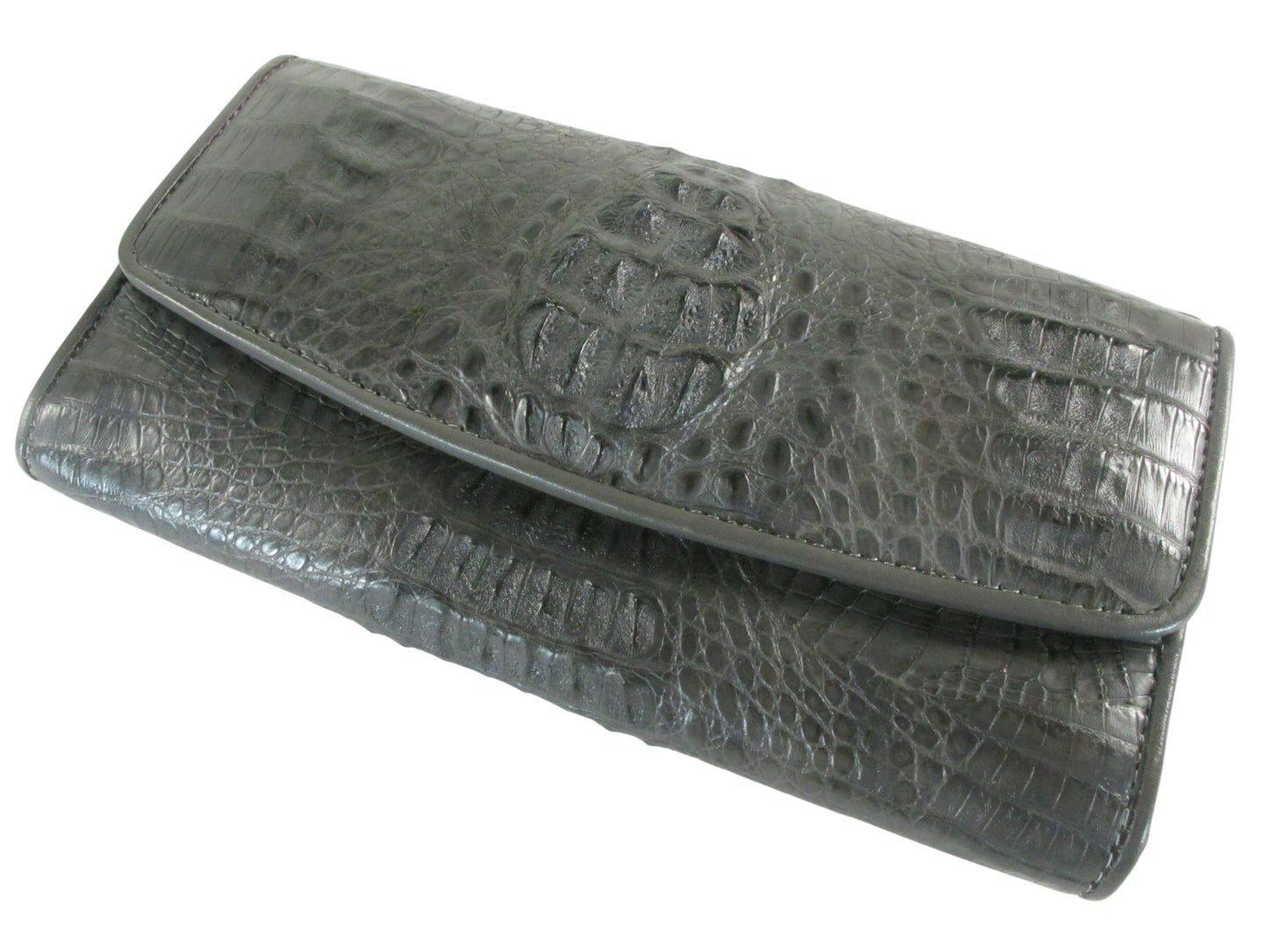 Genuine Caiman Crocodile Hornback Skin Leather Women's Trifold Clutch Wallet Purse