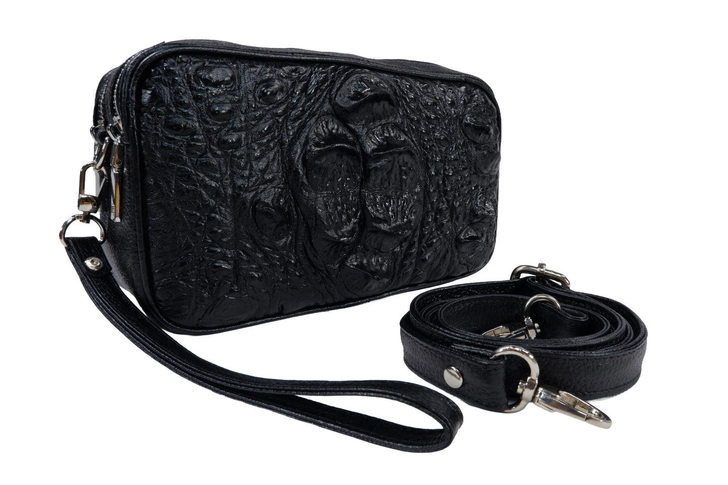 Genuine Crocodile Hornback Skin Leather Double Zip Crossbody Bag