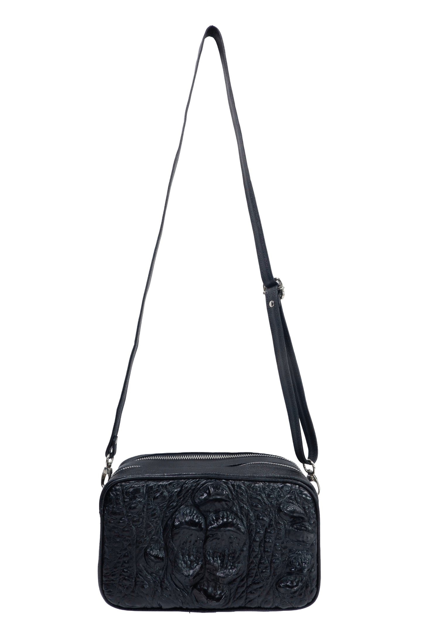 Genuine Crocodile Hornback Skin Leather Double Zip Crossbody Bag