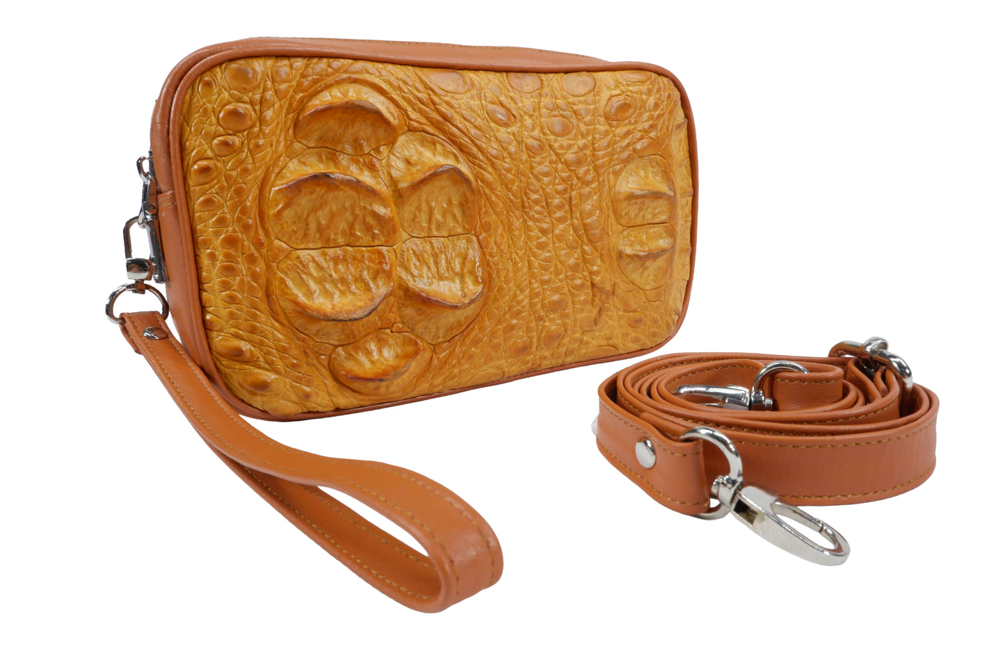 Genuine Crocodile Hornback Skin Leather Double Zip Crossbody Bag