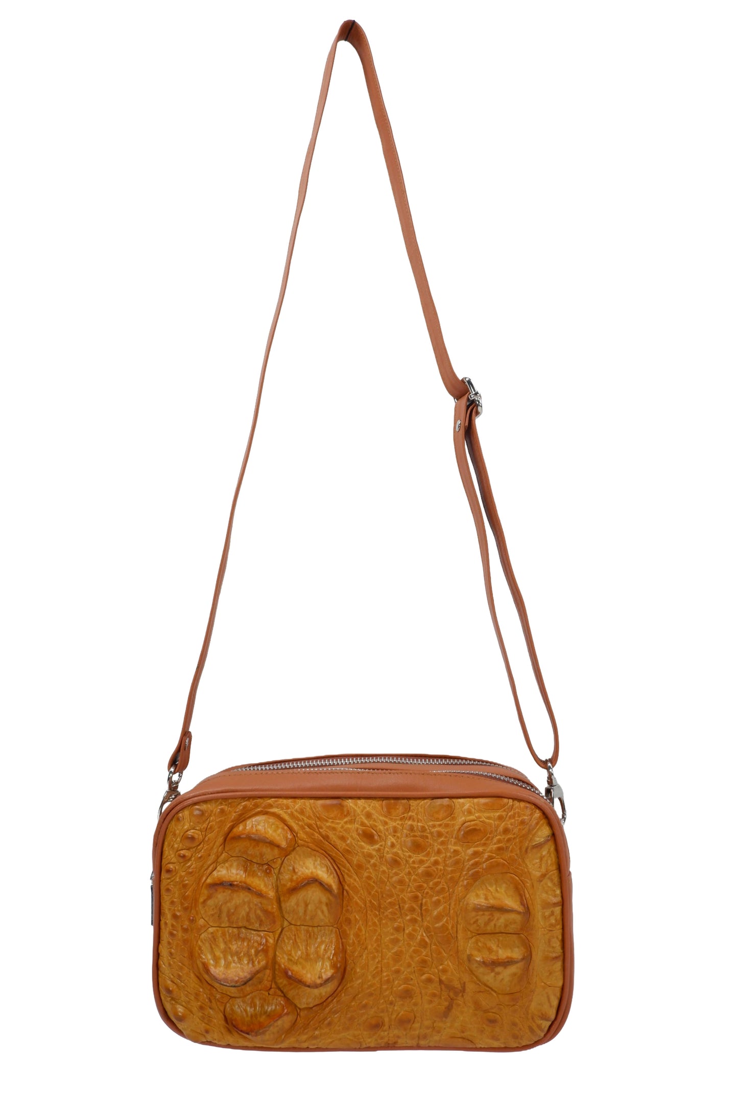 Genuine Crocodile Hornback Skin Leather Double Zip Crossbody Bag