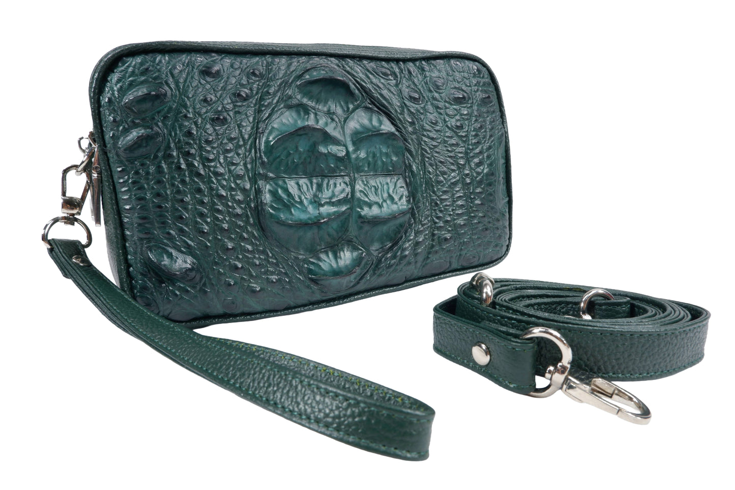 Genuine Crocodile Hornback Skin Leather Double Zip Crossbody Bag