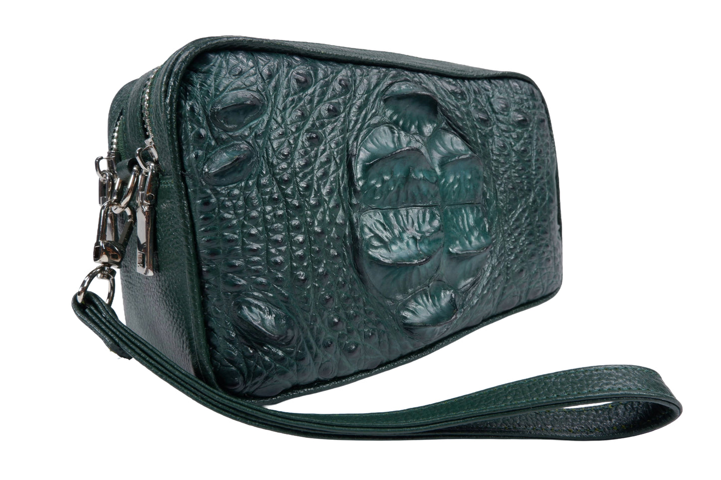 Genuine Crocodile Hornback Skin Leather Double Zip Crossbody Bag