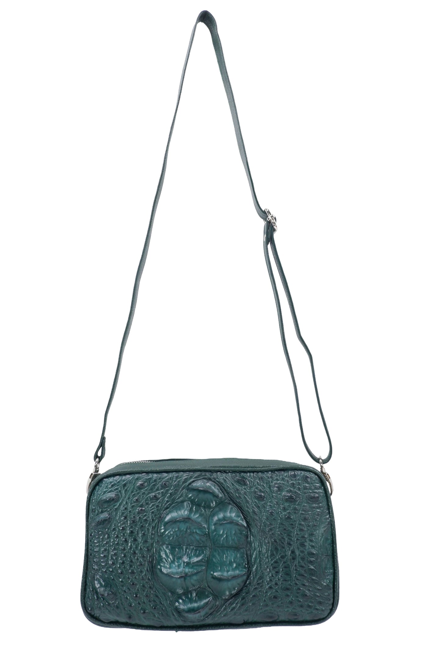 Genuine Crocodile Hornback Skin Leather Double Zip Crossbody Bag