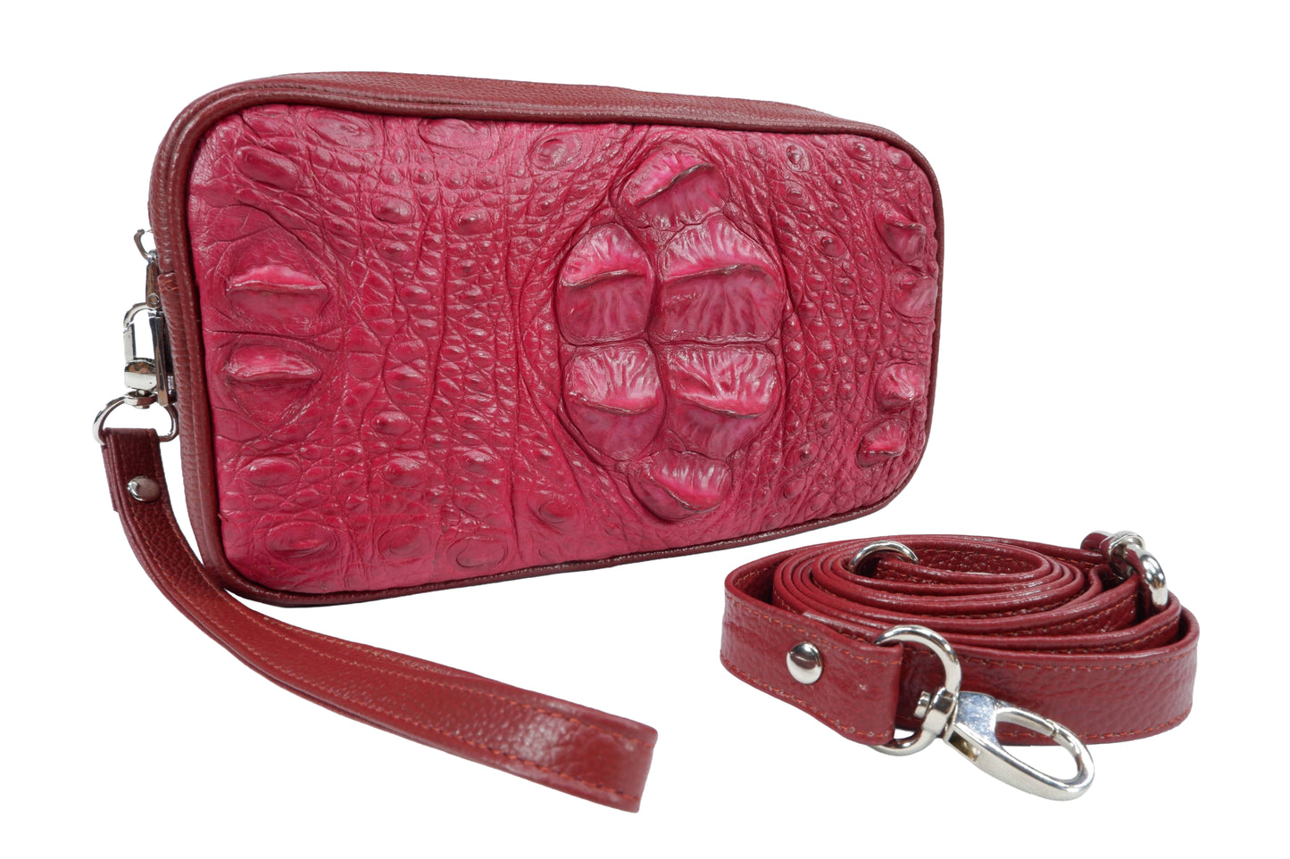 Genuine Crocodile Hornback Skin Leather Double Zip Crossbody Bag