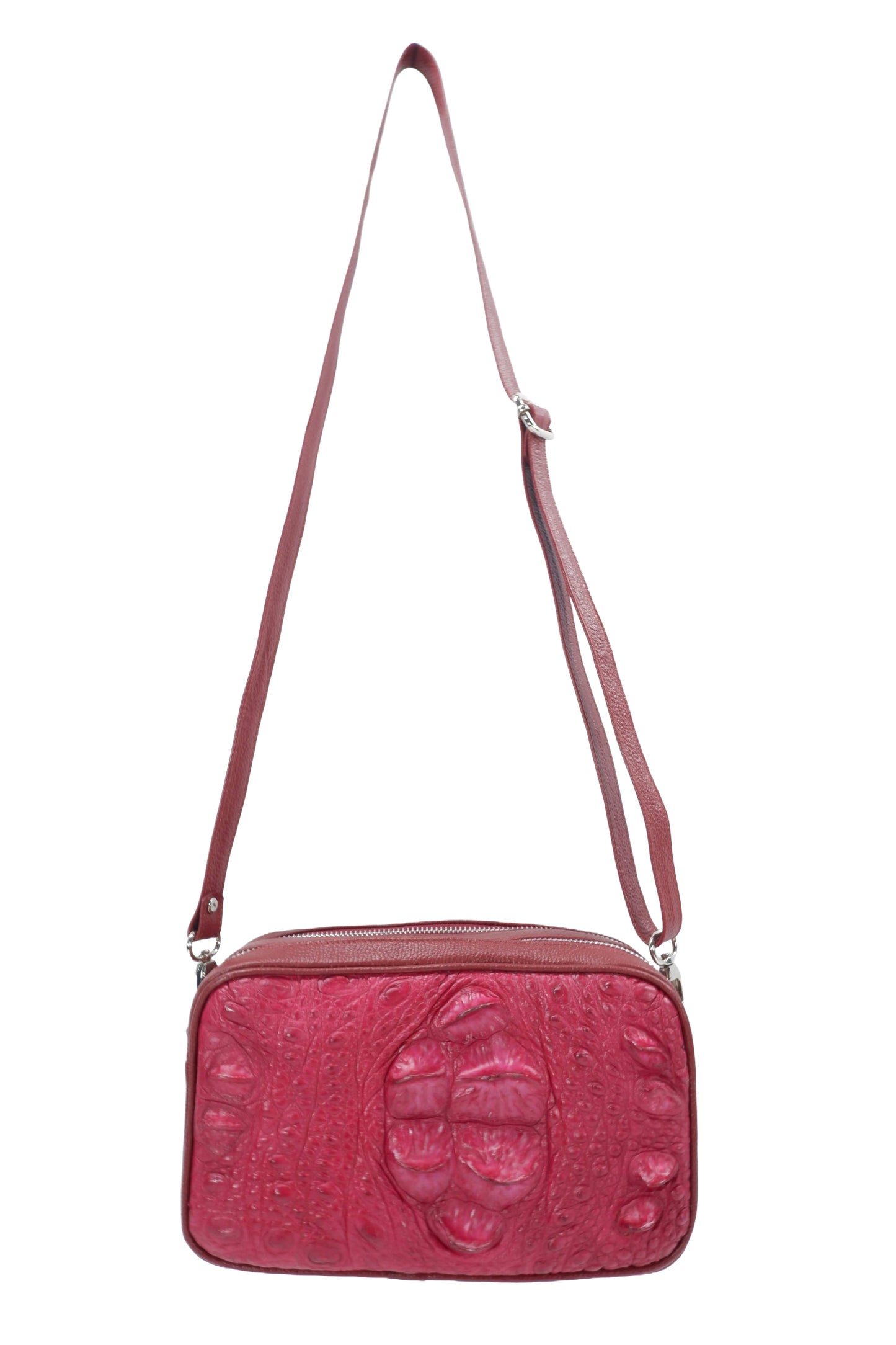 Genuine Crocodile Hornback Skin Leather Double Zip Crossbody Bag