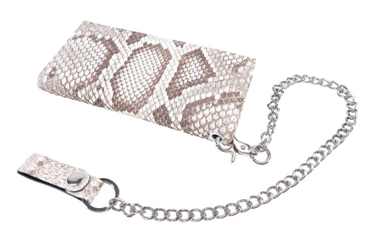 Genuine Burmese Python Snake Skin Leather Long Checkbook Wallet with Chains