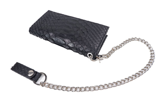 Genuine Python Belly Snake Skin Leather Long Checkbook Wallet with Chains