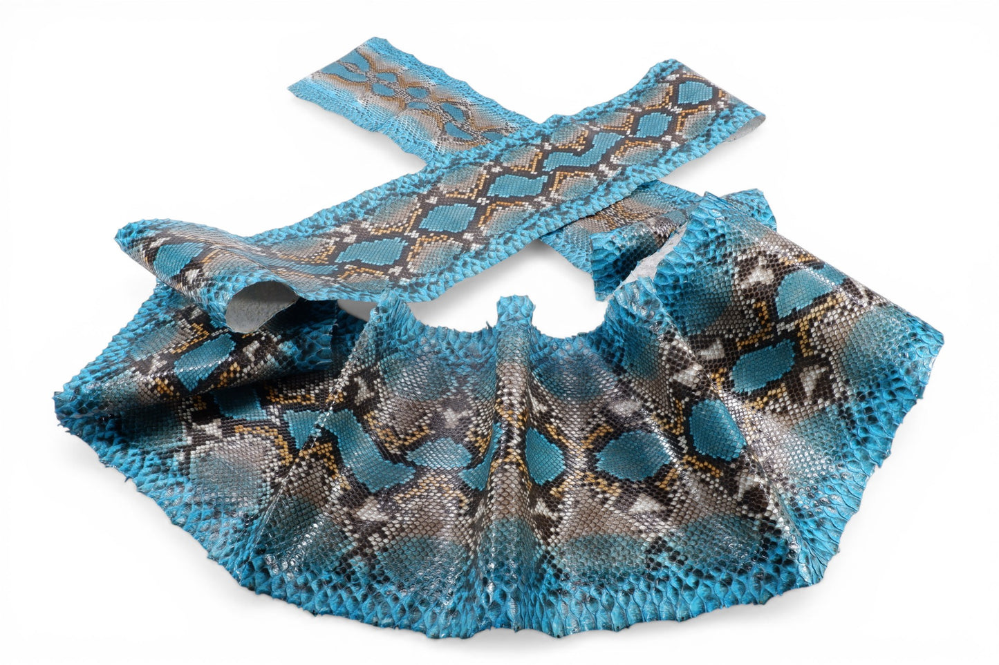 Genuine Reticulated Python Skin Leather Hide Pelt Natural Turquoise Blue & Orange