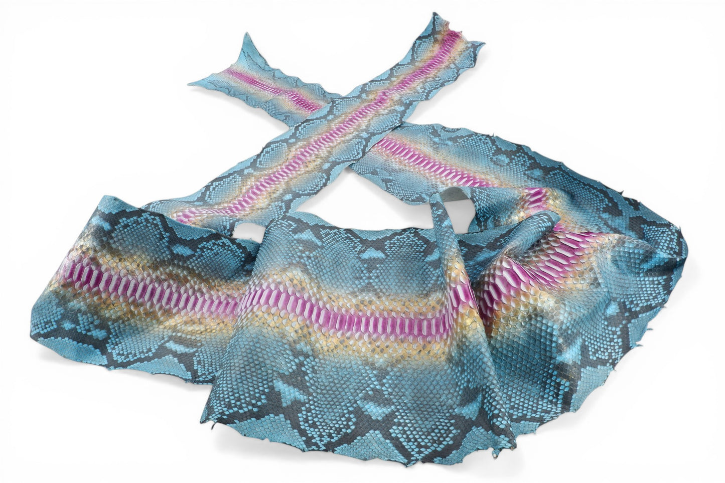 Genuine Reticulated Python Belly Skin Leather Hide Pelt Light Blue Gold & Pink