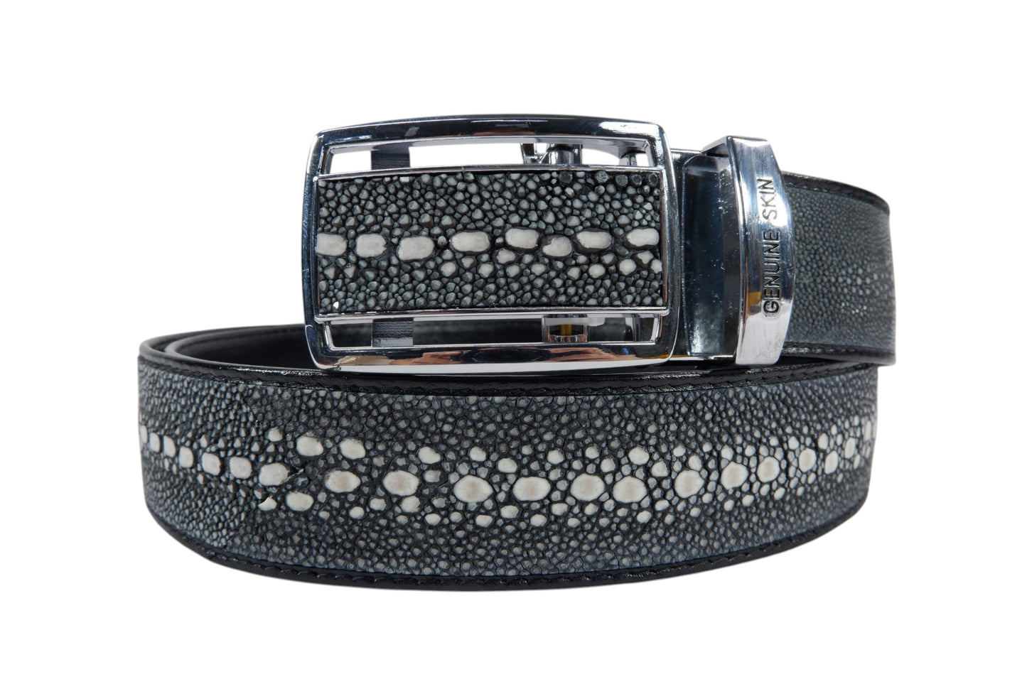 Genuine Polished Stingray Skin Leather Row Diamond Auto Locking Men's Belt Black