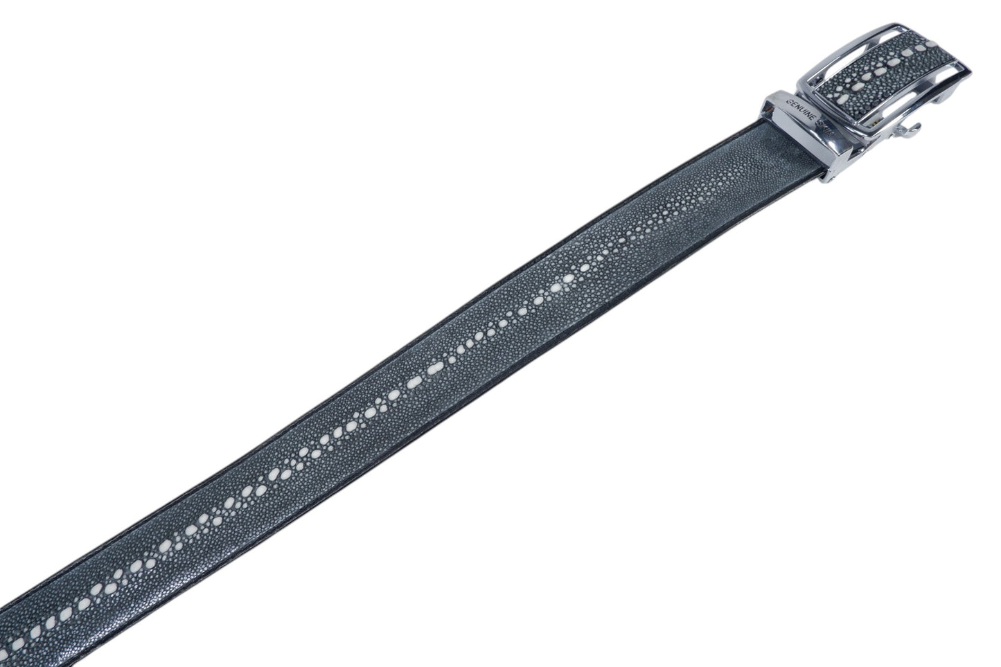 Genuine Polished Stingray Skin Leather Row Diamond Auto Locking Men's Belt Black