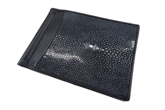 Genuine Polished Stingray Skin Leather Money Clip Slim Bifold Men's Wallet