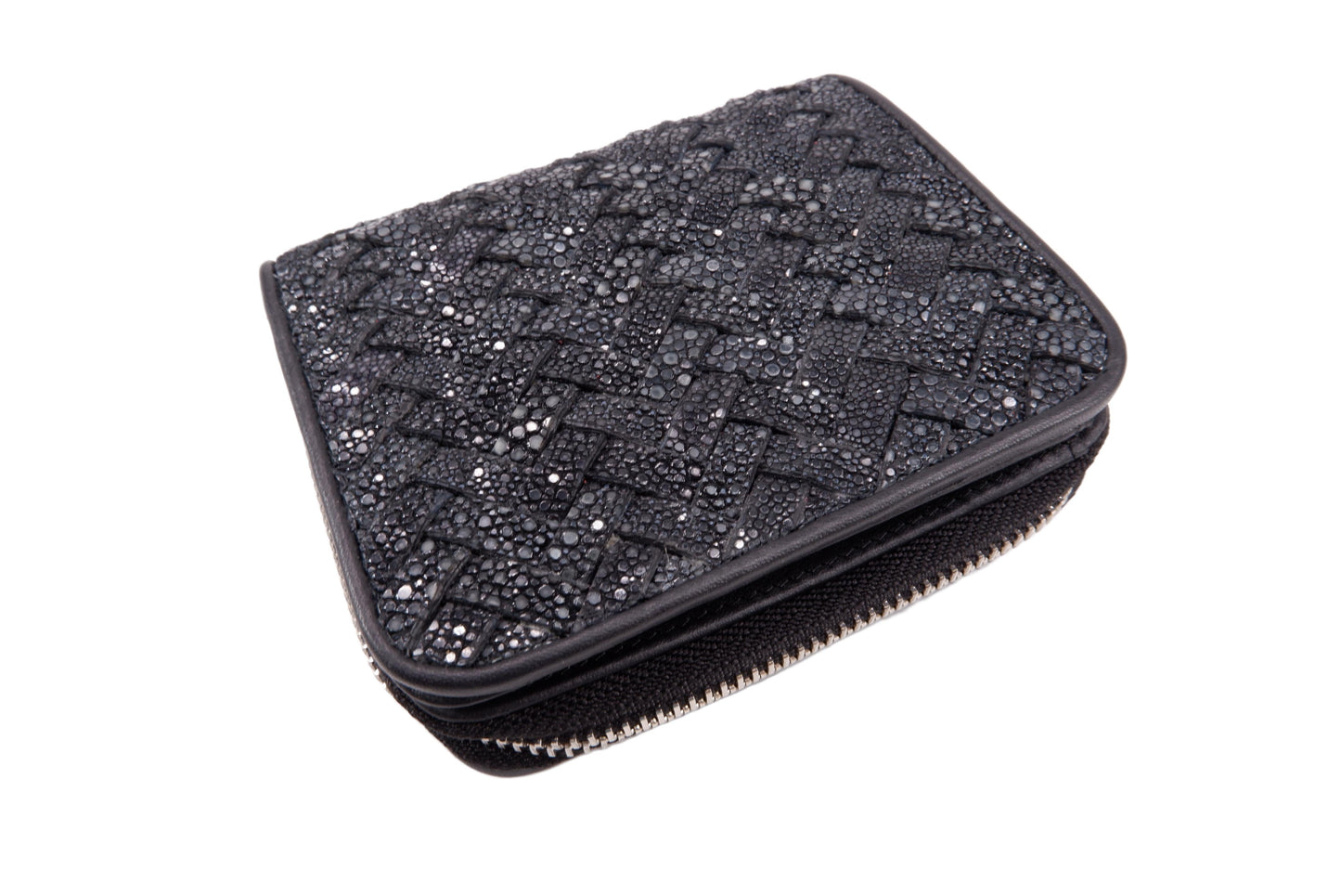 Genuine Polished Stingray Skin Leather Intrecciato Handmade Medium Zip Around Clutch Wallet Purse