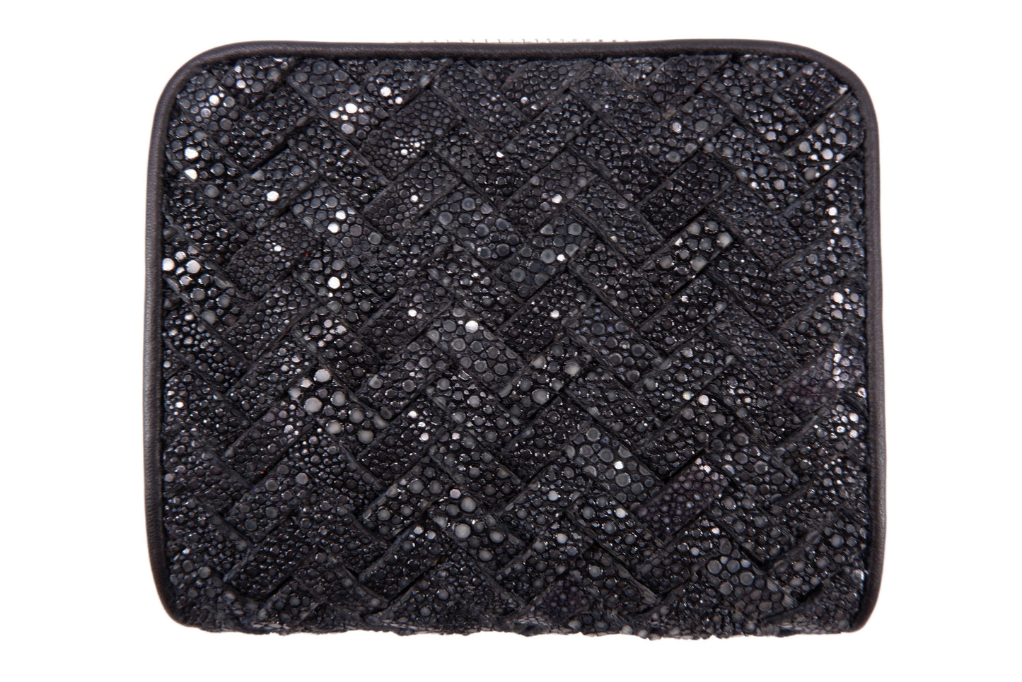 Genuine Polished Stingray Skin Leather Intrecciato Handmade Medium Zip Around Clutch Wallet Purse