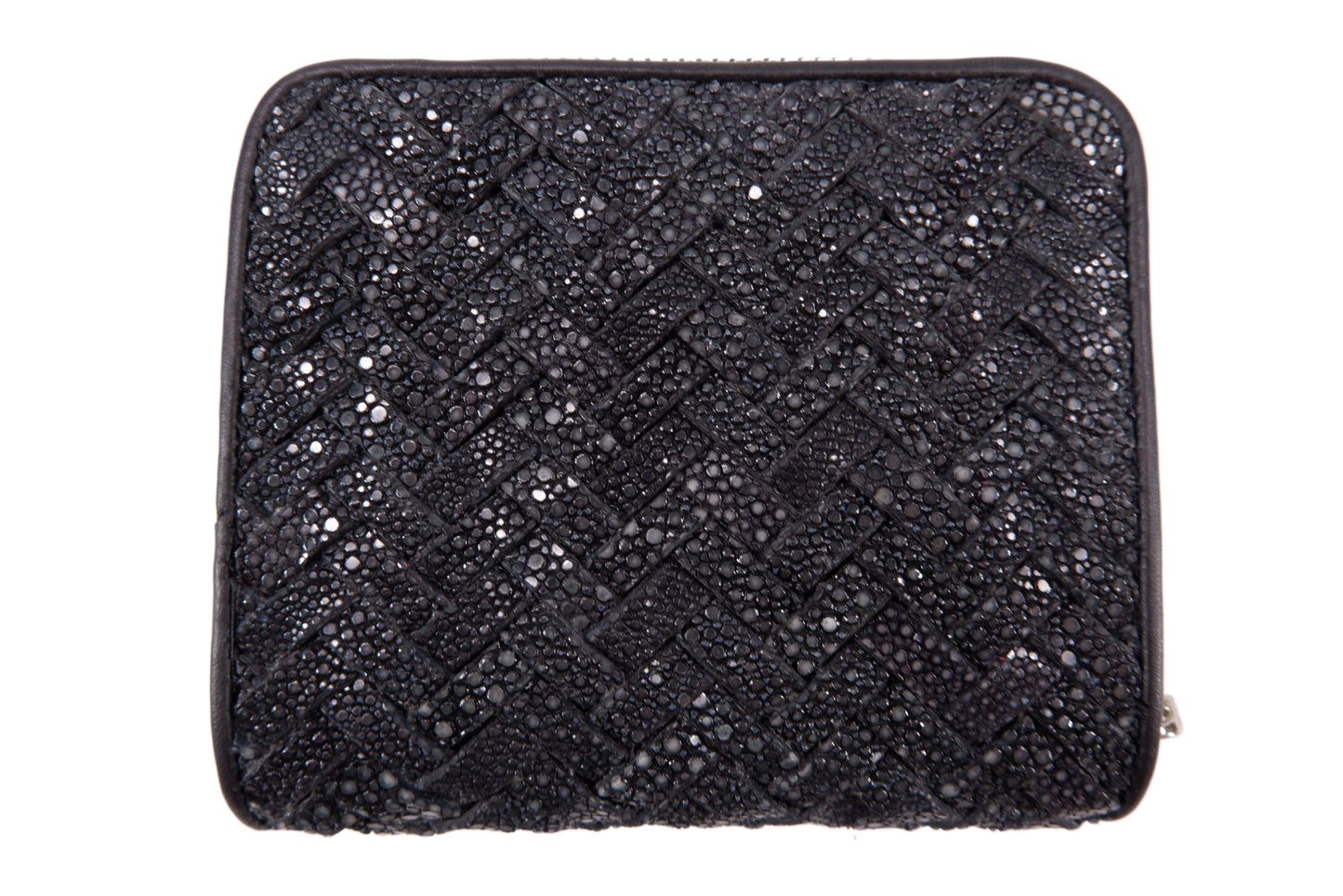 Genuine Polished Stingray Skin Leather Intrecciato Handmade Medium Zip Around Clutch Wallet Purse