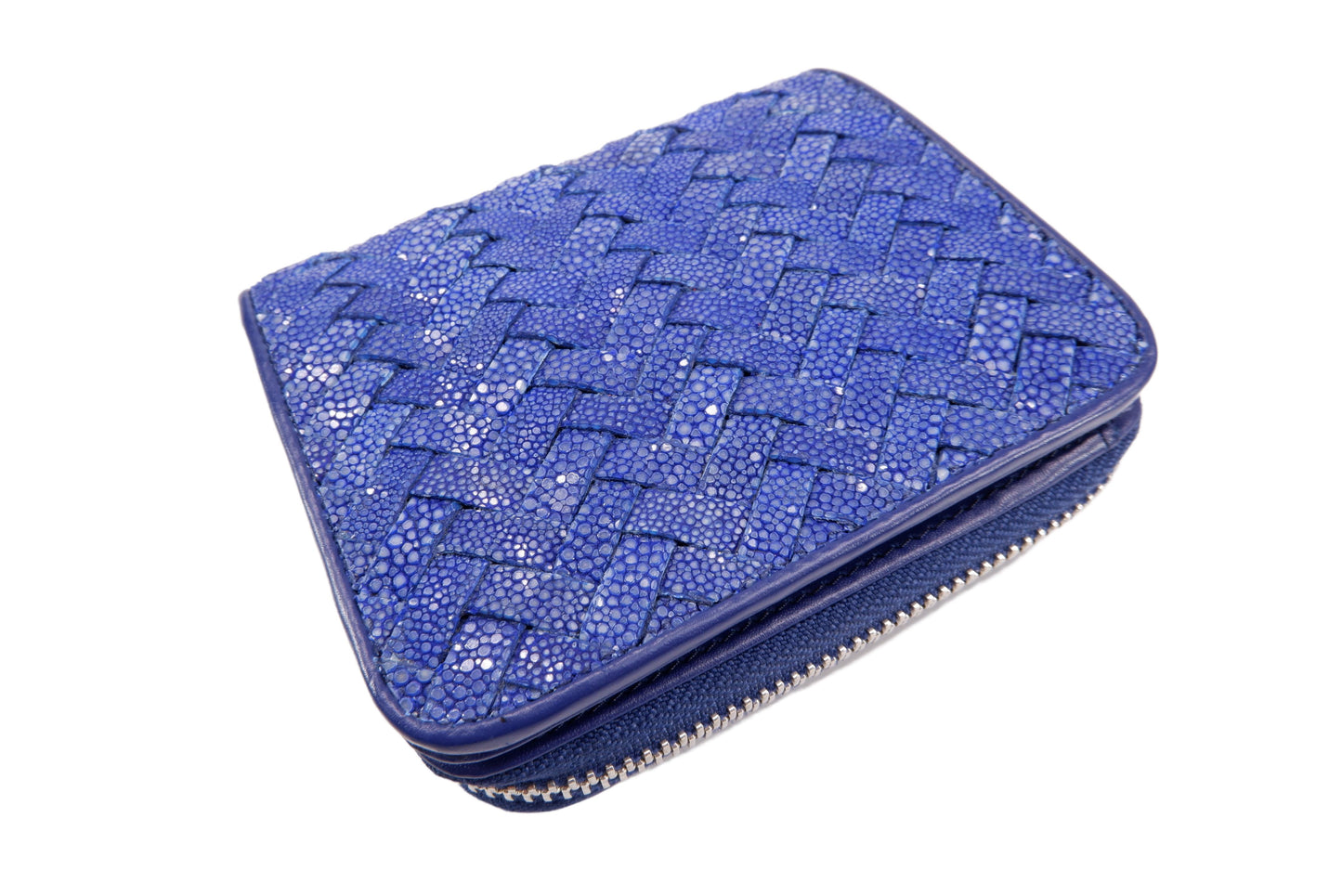 Genuine Polished Stingray Skin Leather Intrecciato Handmade Medium Zip Around Clutch Wallet Purse