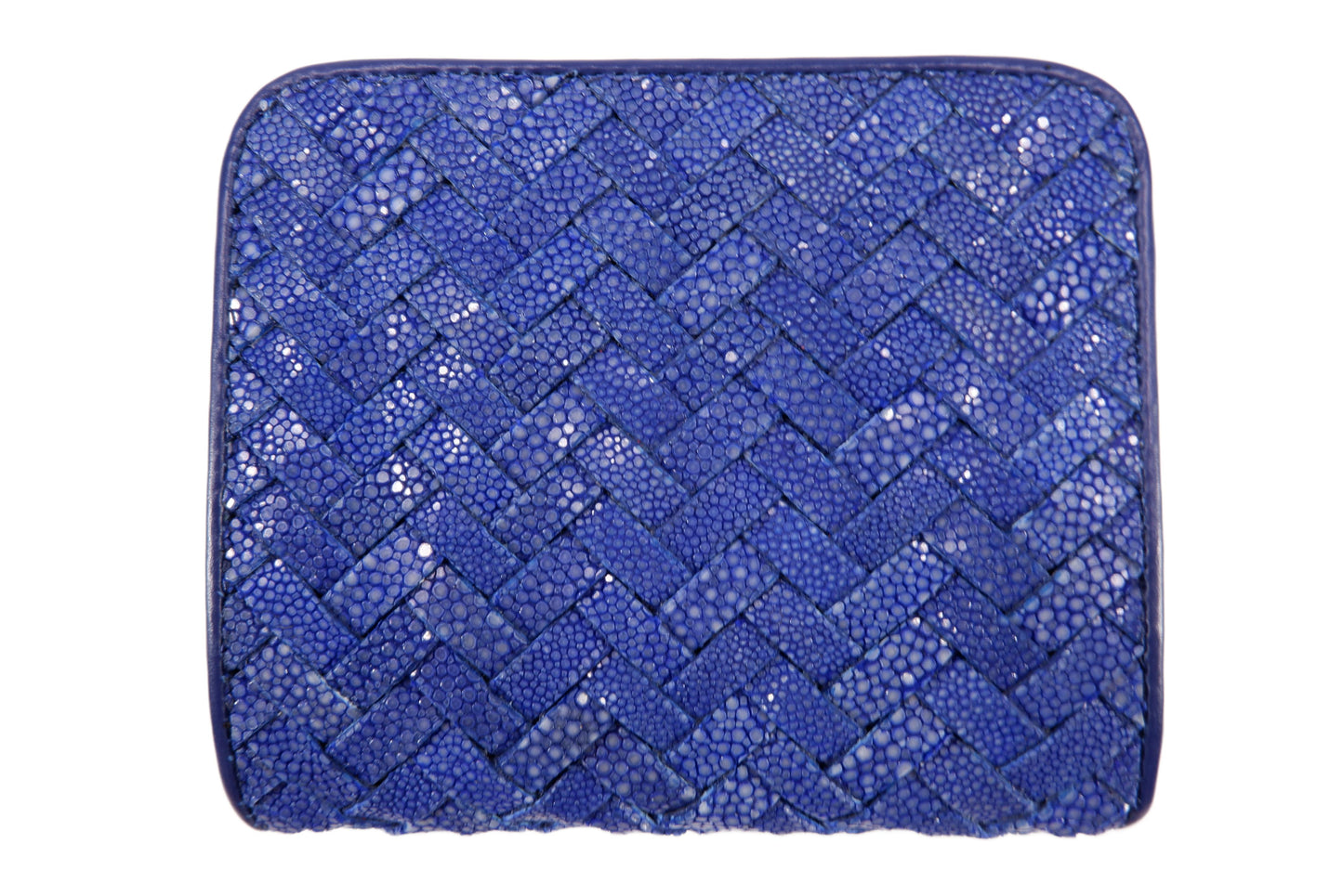 Genuine Polished Stingray Skin Leather Intrecciato Handmade Medium Zip Around Clutch Wallet Purse