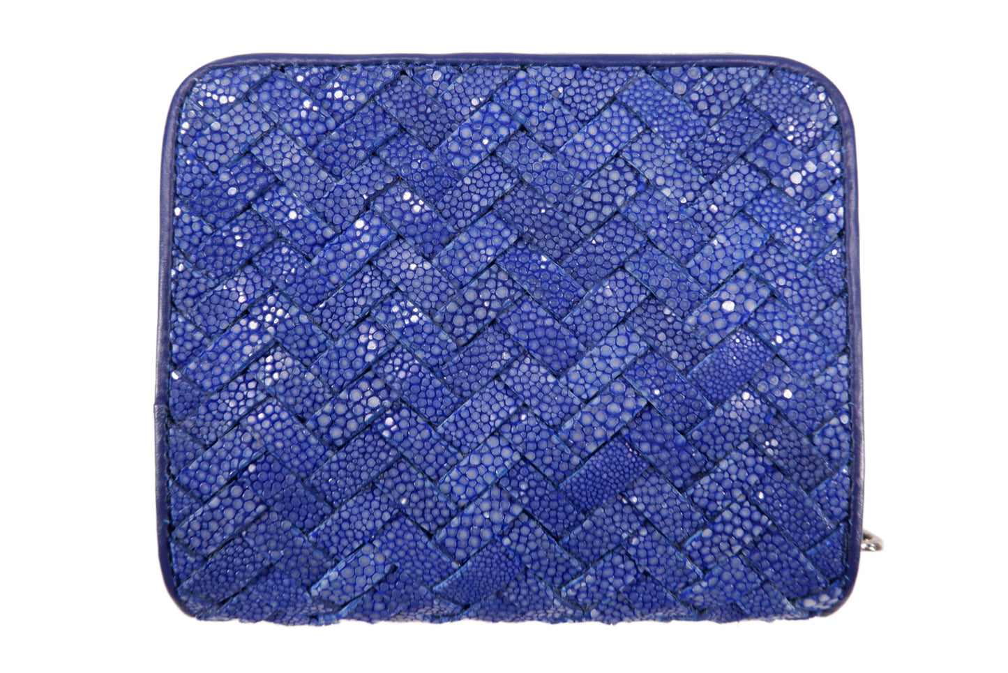 Genuine Polished Stingray Skin Leather Intrecciato Handmade Medium Zip Around Clutch Wallet Purse