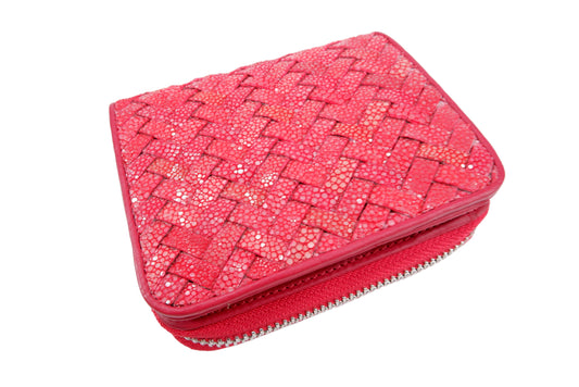 Genuine Polished Stingray Skin Leather Intrecciato Handmade Medium Zip Around Clutch Wallet Purse