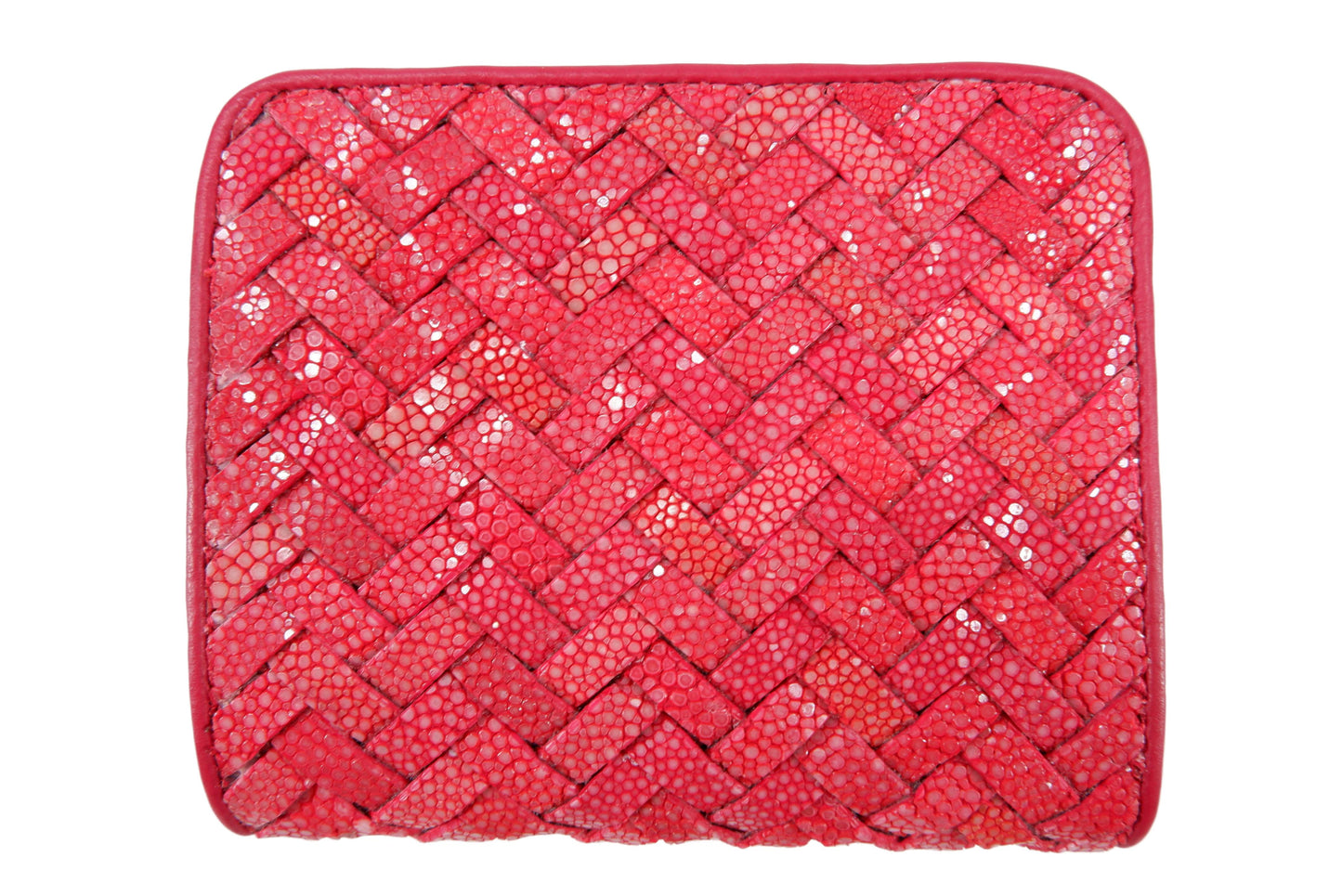 Genuine Polished Stingray Skin Leather Intrecciato Handmade Medium Zip Around Clutch Wallet Purse