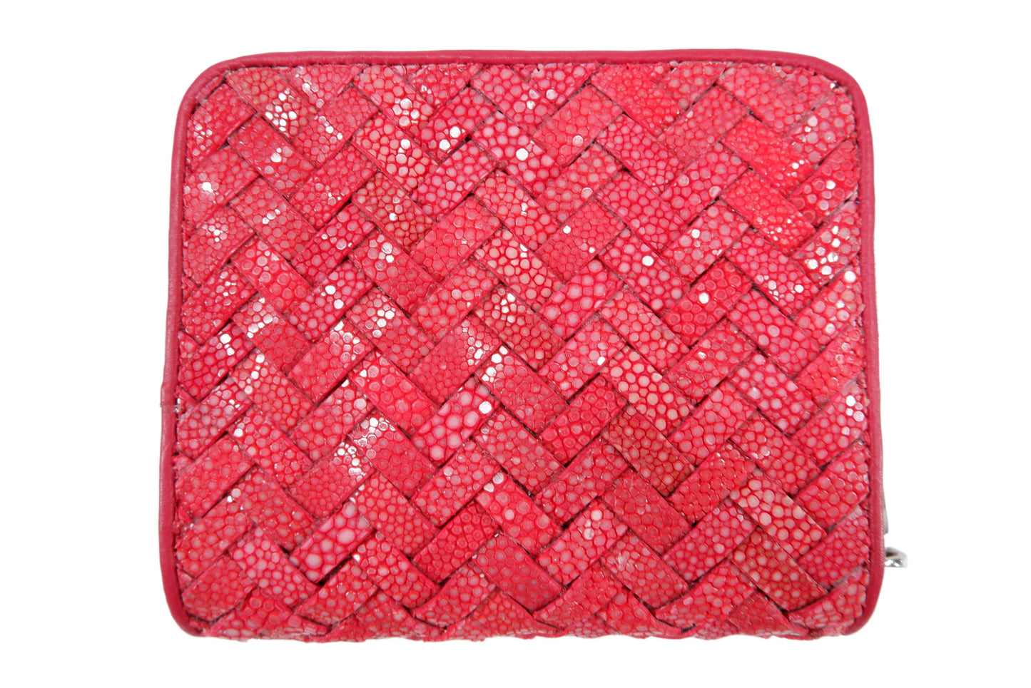 Genuine Polished Stingray Skin Leather Intrecciato Handmade Medium Zip Around Clutch Wallet Purse