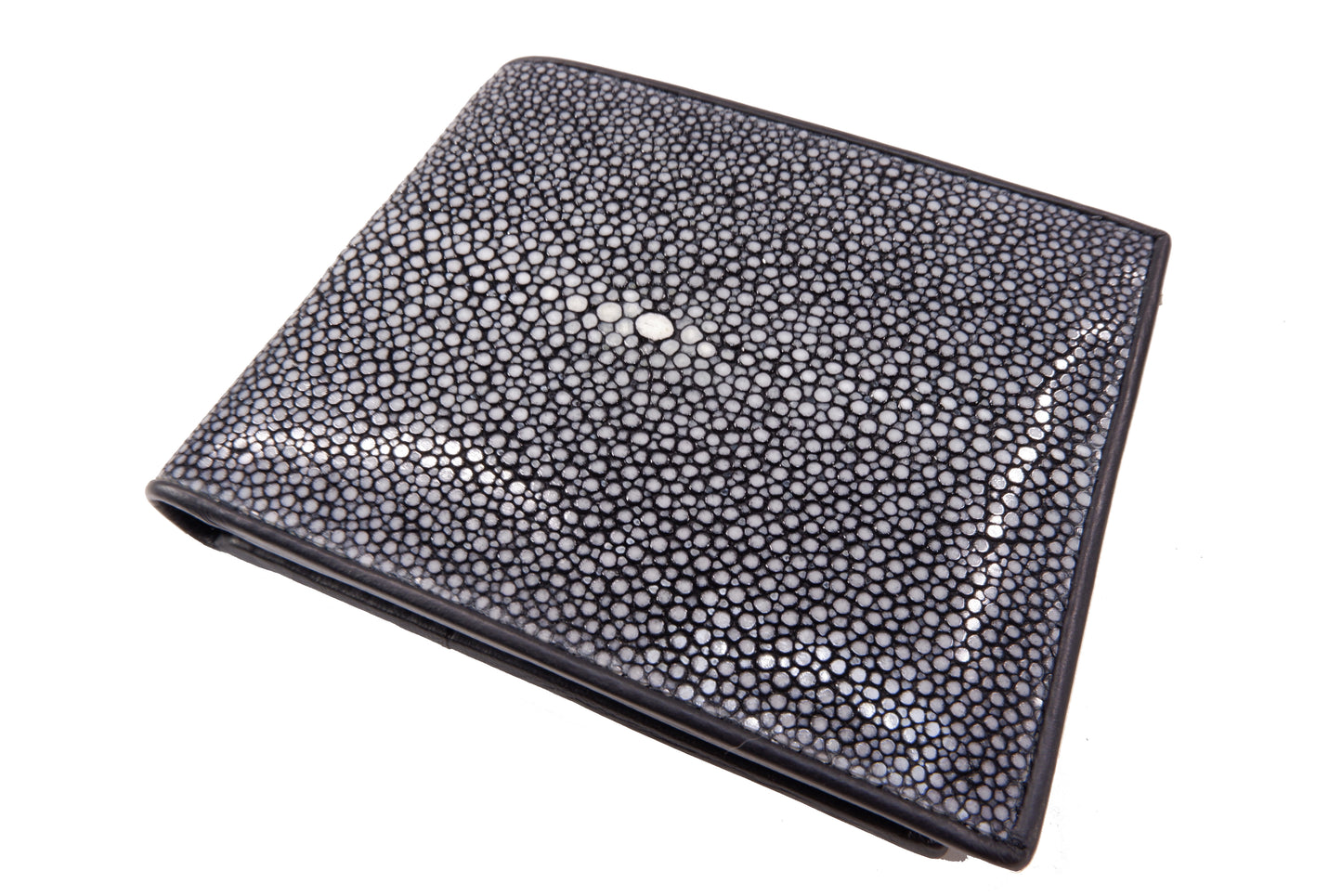 Genuine Polished Stingray Skin Leather Removable Bifold Wallet Black
