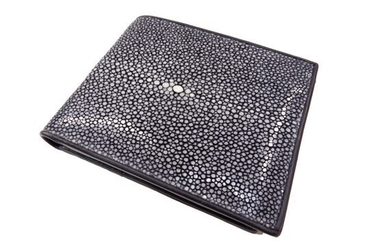 Genuine Polished Stingray Skin Leather Removable Bifold Wallet Black