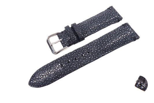 Genuine Polished Stingray Skin Leather Quick Release Watch Strap Black Band with Buckle